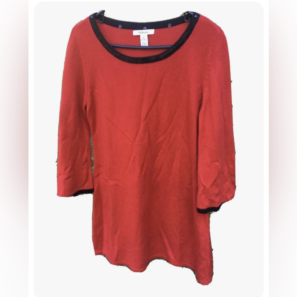 STYLE & CO WOMAN RED/BLACK SEQUIN 3/4 SLEEVE SWEATER DRESS  SZ M Holiday party